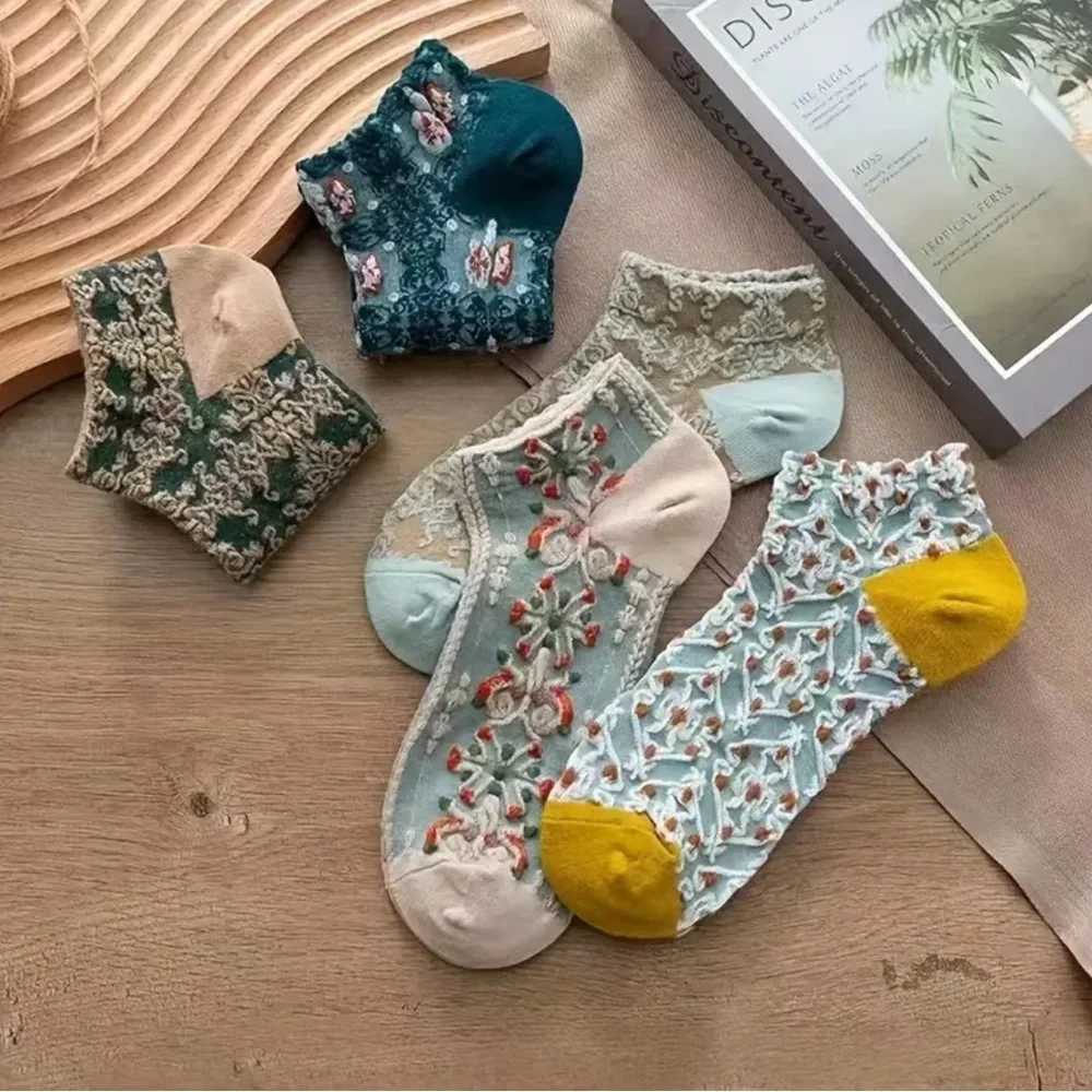 Women Blue Green Embroidered Floral Lightweight Soft Ankle Socks Hosiery 5 Pairs